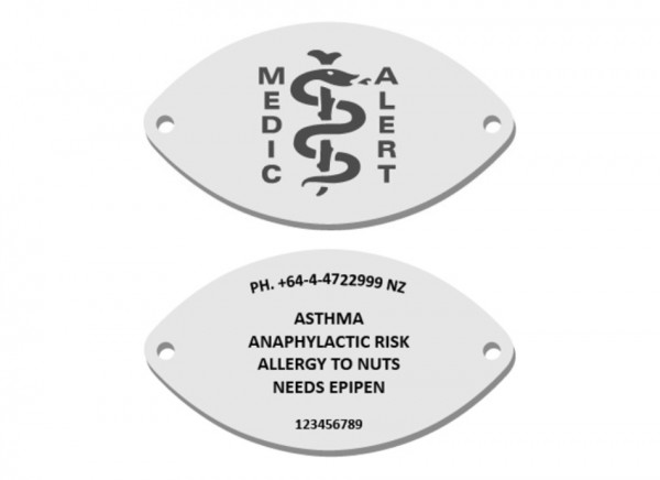 MedicAlert or ID bracelet showing health conditions and contact information