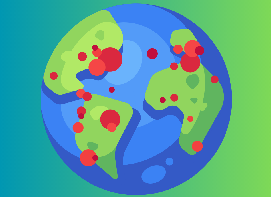 Graphic illustration showing globe with disease outbreaks across countries