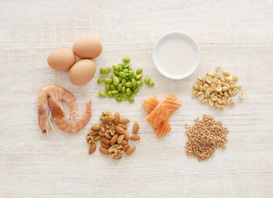 Allergenic foods displayed on a tabletop