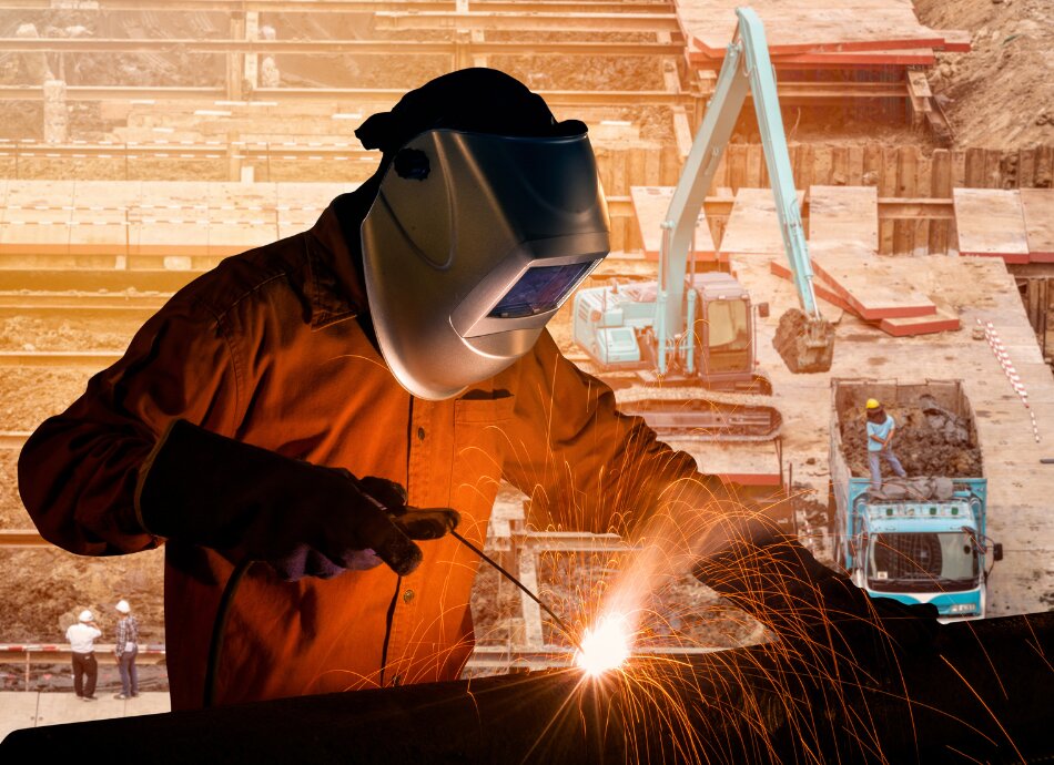 Welder in protective clothing on building site