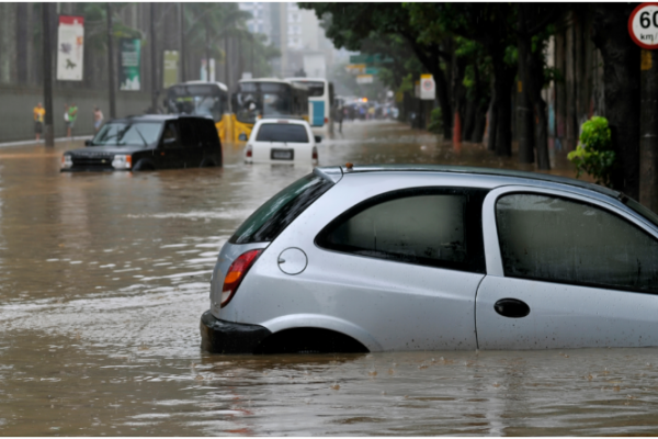 Submerged car in flooded street