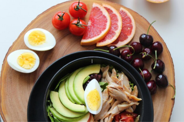 Healthy food selection on a wooden board