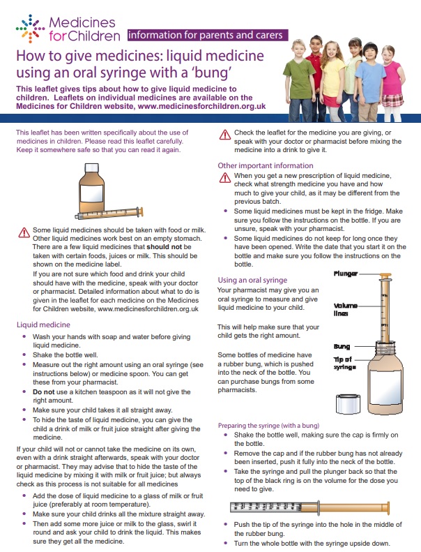 how to give liquid medicine using an oral syringe with a bung